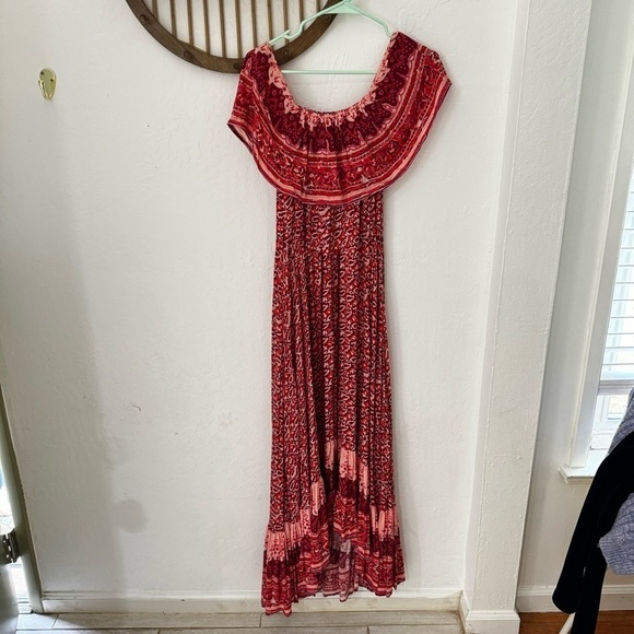 Nightcap Clothing Samba Gown Sunrise Print Red Pink Smocked Waist Tassel Size 2 - Picture 10 of 12